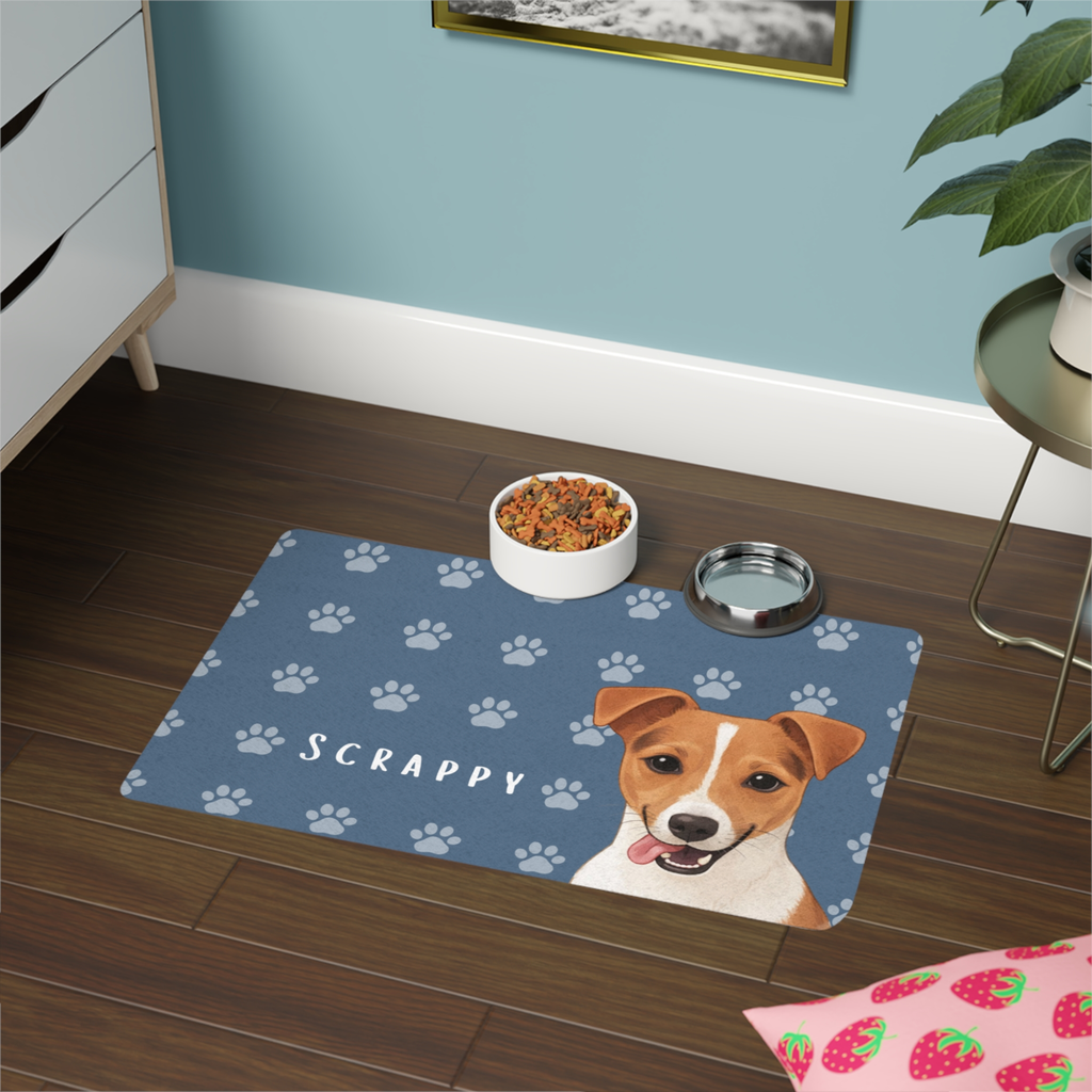 personalised pet feeding mat with dog illustration
